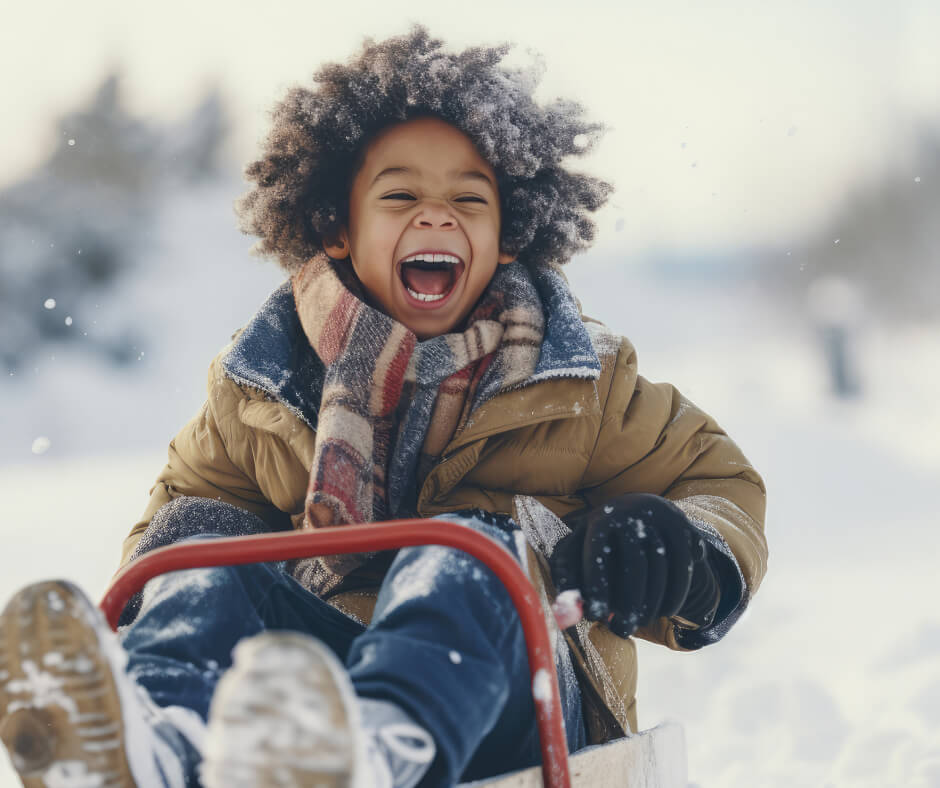 A young boy gleefully slides down a snowy hill on a sled, showcasing the joy of winter play
