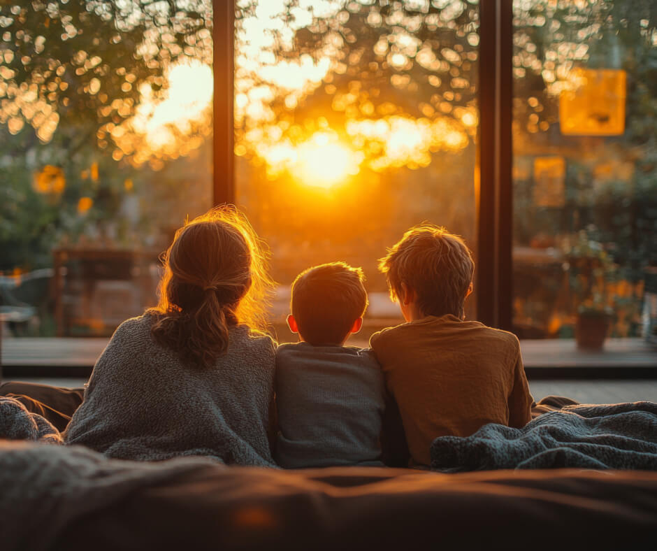 Three kids are seated on a bed, looking out the window at the warm sunlight streaming in.