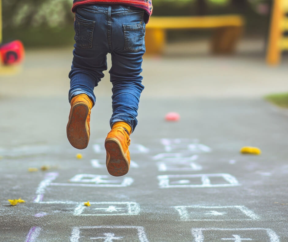 A young child leaps over a hopscotch board, showcasing playful energy and excitement.